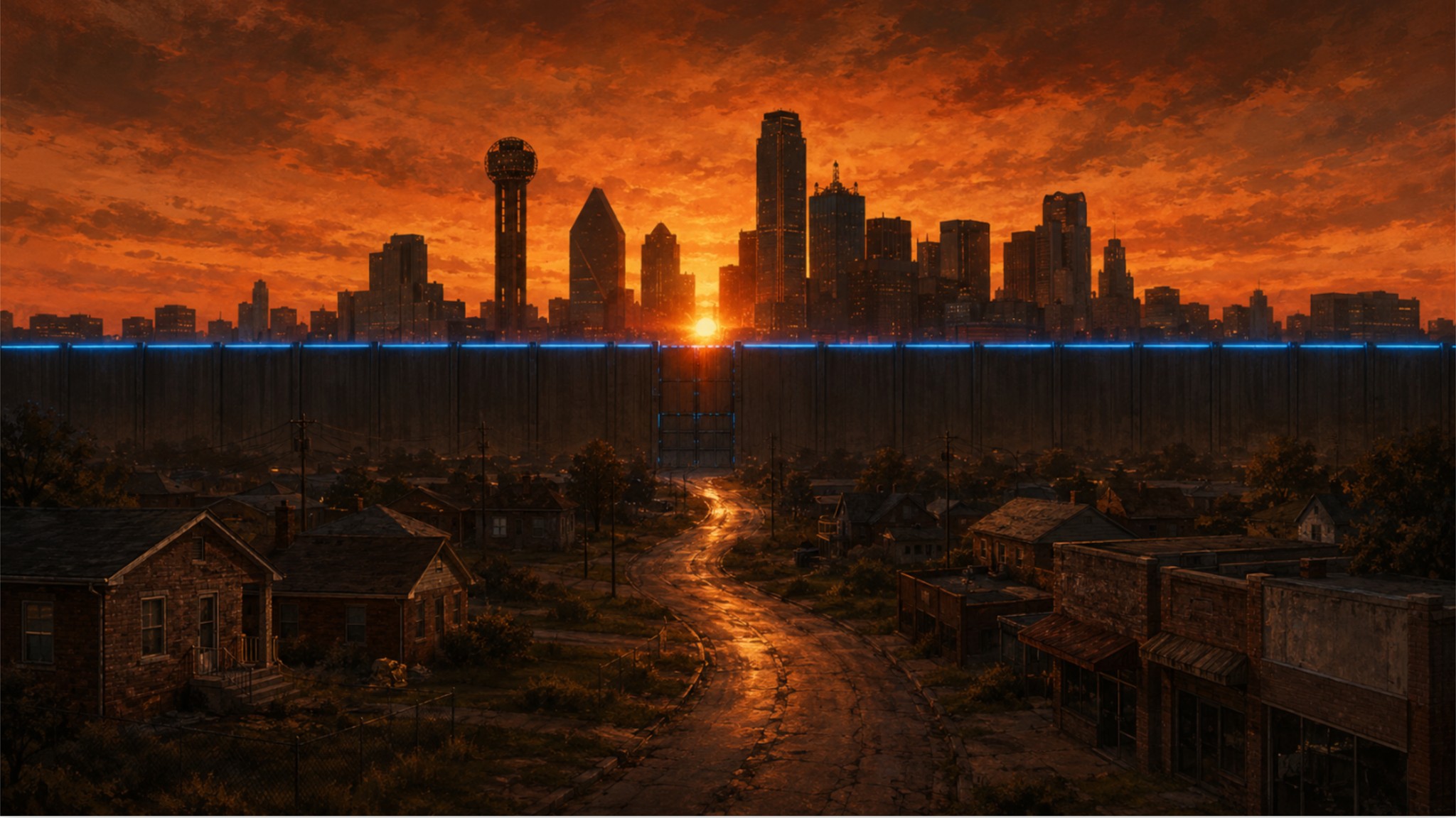 South Dallas neighborhood before the 30-foot barrier wall with blue glow, gate opening to the sunlit downtown Dallas skyline